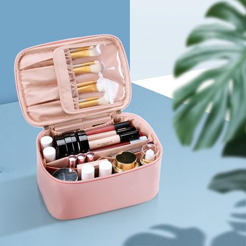 Travel-Makeup-Bag-Portable-Cosmetic-Bag-with-Makeup-Brush-Organiser-Large-Capacity-Make-up-Case-Water-Resistant-Toiletry-Bag-for-Women-Travel-Essentials-Pink