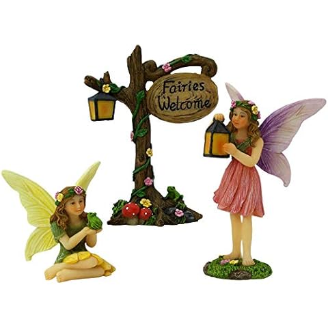 PRETMANNS Fairies for Fairy Garden - Fairy Garden Accessories Kit - Fairy Garden Ornaments for Outdoor Miniature Fairy Garden - 2 Cute Fairy Figures for Fairy Garden & Fairy Sign - 3 Piece Fairy Set Cover
