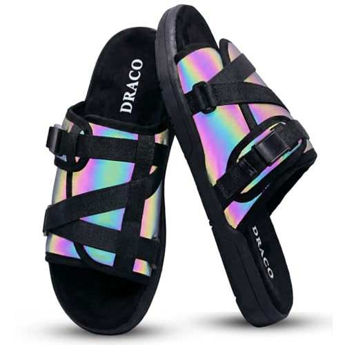 Image of Draco DracoSlides Reflective Slides for Men and Women, Wrapped in Reflective 3M with Adjustable Straps for Wide /Narrow Feet, Sandals with Arch Support & Slip Resistant, Men & Women Footwear, Black