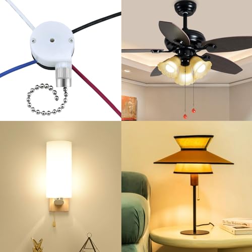 Image of Ceiling Fan Switch Zing Ear ZE-208S E89885 3 Speed 4 Wire Pull Chain with 4 Pre-Installed Wires Light Fan Switch Replacement (Silver)