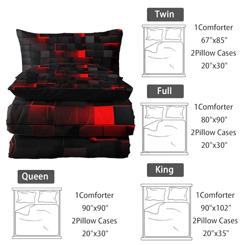 Image of Nttopship Neon Red Black Comforter Set Queen Geometric Kids Bedding Set,3 PCS Geometry Honeycomb Bed Set Modern Quilt Set 1 Comforter 2 Pillow Cases Cool Room Decor All Season B-Side Black