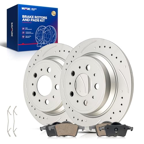 Image of KAX Rear Brake Kit, Drilled and Slotted Brake Rotors, Ceramic Brake Pads | Fits Volvo S60 2001-2009, Volvo XC70 2003-2007, Volvo V70 2001-2007, Volvo S80 1999-2006, Automotive Replacement Brake Kit
