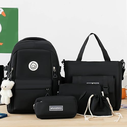 5pcs Backpack Set Large Capacity Patchwork Bookbag Canvas with Pendant4