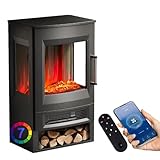 INMOZATA Elektrokamin mit Heizung 900/1800W Panorama-Sichtfenster Elektrischer Kamin mit 7 Flammenfarben, Einstellbarer Thermostat, APP & Fernbedienung, 45° Kippschutz & Überhitzungsschutz
