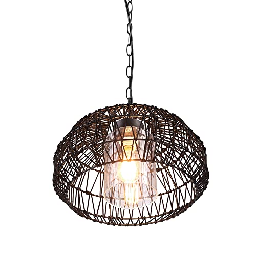 Novogratz X Globe 44759 1-Light Outdoor Plug-In Pendant Light, Black Woven Fabric Shade, Matte Black, Designer Black Fabric Hanging Cord, E26 Base Socket, Kitchen Island, Café, Ceiling Hanging Light #TOP1