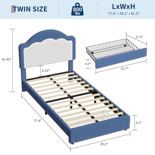 Image of GarveeHome Bed Frame with LED Headboard for Kids, Sherpa Upholstered Platform Bed Frame with Storage Drawer and Wood Slat Support, No Box Spring Required, Easy to Assemble (Blue, Twin)