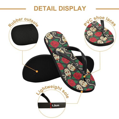 ALAZA Rose Flowers Sugar Skulls Flip Flops for Women Fashion Beach Slippers Comfort Mens Flip Flops Non-Slip Rubber Shower Slippers Sandal for Hotel Travel Sport,XS3