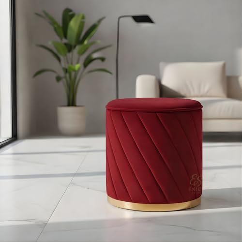Image of Luxury Round Velvet Ottoman Stool with Gold Base - Modern Upholstered Footrest Pouffe, Tufted Vanity Seat, Living Room Bedroom Dressing Stool (Maroon)