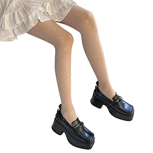 Image of Erinaco Women's Flower Pattern Sheer Footed Pantyhose Control Top Tights Stockings with Reinforced Toes