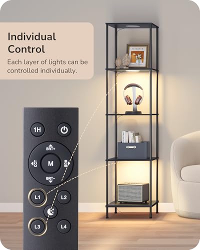 Image of EDISHINE RGBW Floor Lamp with 5-Tier Display Shelf, 3 Modes Remote, Black | RGBW, Adjustable Brightness & Color Temperature, 3 Lighting Modes, Stable for Living Room, Bedroom, Study