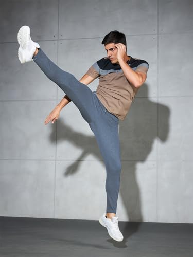 Image of TECHNOSPORT Men's Melange Slim Fit Techno Dry Trackpants Drawstring 2-Pocket Polyester Joggers for Gym Running Workout UPF50+ Anti Odour