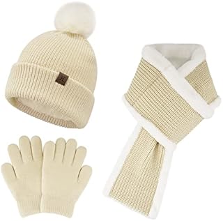 ZASFOU Kids Winter Knit Beanie Hats Scarf Neck Warmer Gloves Set with Pom Pom Fleece Lined for Boys Girls 4-8 Years