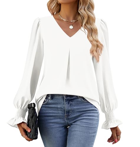 Funlingo Women's 2025 Long Sleeve Tops Dressy Casual V Neck Tunic Shirts Loose Chiffon Work Blouse2