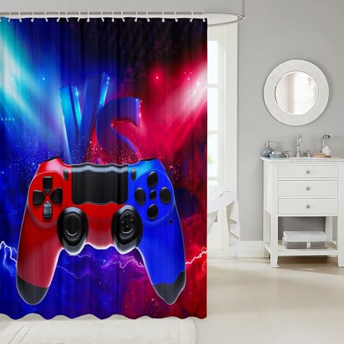 Image of Teens Gamer Bath Curtain for Boys Children Kids Gaming Cloth Fabric Bathroom Decor Lightning Decorative Young Men Video Game Shower Curtain Red Blue Gamepad Shower Curtains Set with Hooks 72x72 Inch