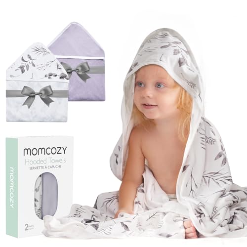 Image of Momcozy Hooded Baby Towel, 2 Pack and Cotton Bath Towel with Hooded, Large 35 X 35 Inch, Baby Towel Set for Boy or Girl,Infant and Kid, Ink Wash Leaves