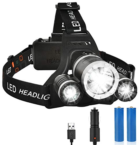 LED Rechargeable Headlamp, Super Bright IPX4 Waterproof Head Lamp, 4 Modes 3 LED Adjustable Headlamps Flashlight for Adults Camping, Running, Household Work (USB Cable, 2 Batteries Include)
