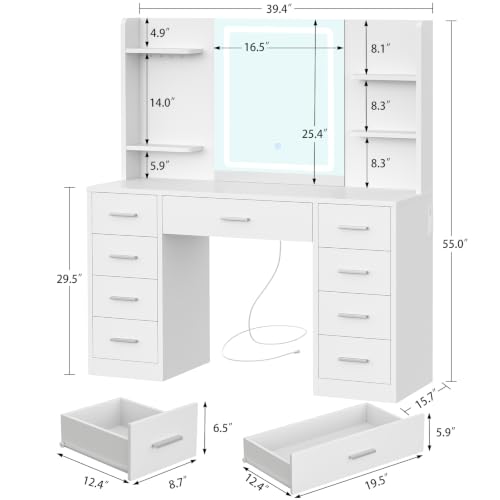 Image of FIONESO Vanity Desk with Mirror and Lights, Makeup Vanity with 9 Drawers & Power Outlet, 5 Hooks & 6 Open Shelves, 3 Lighting Colors & Adjustable Brightness, White Vanity for Girls