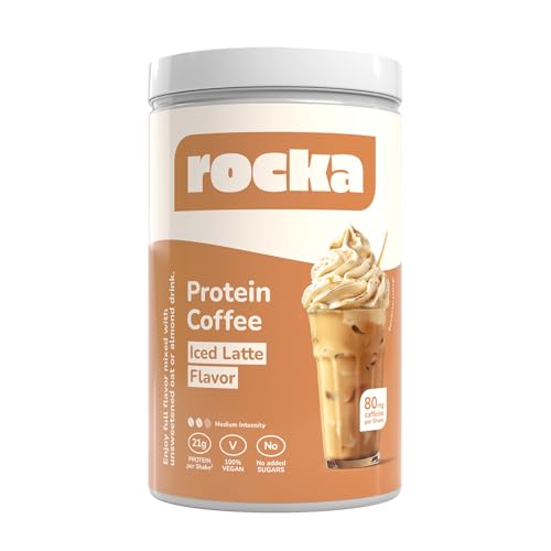 Rocka Nutrition Protein Coffee veganes Proteinpulver mit Koffein | Veganer Protein Kaffee mit 20 g Protein pro Portion | Multikomponentenprotein mit Kaffeextrakt | 100% Geschmack (780 g, Iced Latte)