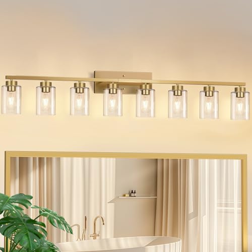 Image of IZORRO Bathroom Light Fixtures, Modern Vanity Lights, Bathroom Lighting Fixtures Over Mirror with Clear Glass Shade, Wall Sconce for Living Room Cabinet Bedroom (Brushed Gold, 8-Light)