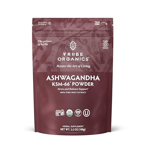 TRIBE ORGANICS KSM-66 Ashwagandha Root Extract Powder Ayurvedic Herb for Mood Support | Increase Energy | Strength - Organic | Natural | Gluten Free | Non GMO | Full-Spectrum - 100g Pouch