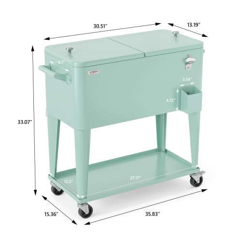 Bonnlo Glacière à roulettes 76 L Frigo de Jardin ou Camping avec Bouchon de Décapsuler l'Ouvre-Bouteille et l'Attrappe-Capsule Chariot Frigorifique pour Patio Jardin Terrasse Vert Menthe