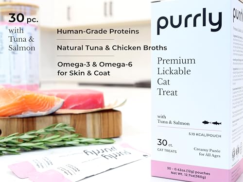 Image of Purrly Squeezable Cat Treats Wet Healthy Interactive Hydrating Human-Grade Tuna & Salmon with Omega-3 & 6 for Skin & Coat (30 Count) Lickable Creamy Puree Topper Wild-Caught No-Artificial-Additives