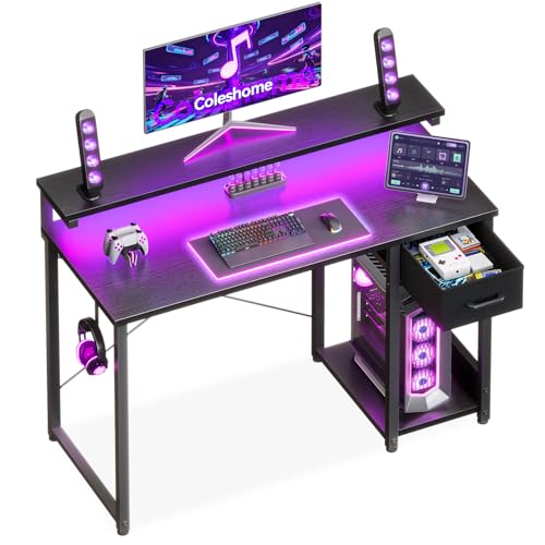 Coleshome Escritorio con Cajones de Tela, 100x45cm Mesa Gaming con Luces LED, Escritorio Gaming Reversible con Estanteria y Gancho para Auriculares para en Casa y Dormitorio, Negro