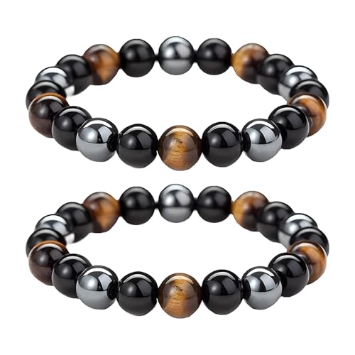 Rumgug 2 pulseras de turmalina negra, 8 mm, pulsera de piedras naturales, pulsera grande y elástica, bolas en hilo de nailon elástico, hecho a mano (set M)