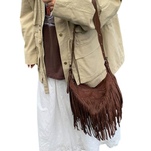 Image of Women Vintage Suede Fringe Hobo Bag Tote Shoulder Bag Crossbody Bag and Hippie Western Cowgirl Purse Shoulder Bag