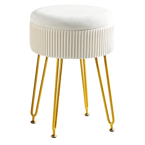 Velvet Storage Ottoman Foot Rest, Upholstered Pleated Round Footrest Vanity Stool With Metal Legs, Coffee Table Top Cover, Modern Accent Stools,Makeup Footstool, Suitable For Living Room And Bedroom #TOP5