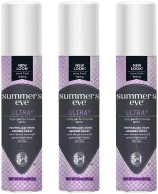 Summer’s Eve Ultra Daily Active Feminine Freshening Spray, Intimate Deodorant, Neutralizes Odor, pH Balanced, Long Lasting Fresh Scent, 2 Ounce (Pack of 3)
