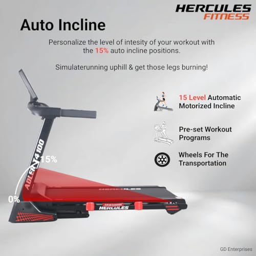 Image of Hercules Fitness T4100 4.0 HP Peak DC Motorized Foldable Treadmill | 15 Level Auto Incline | MP3 Player Available | Max Speed 18 Km /Hr | Max User Weight 130 Kg