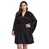 DandyChic Women's Plus Size Short Satin Kimono Robes Sleepwear Silky Bridesmaid Party Dressing Gown For Wedding, Black-3XL