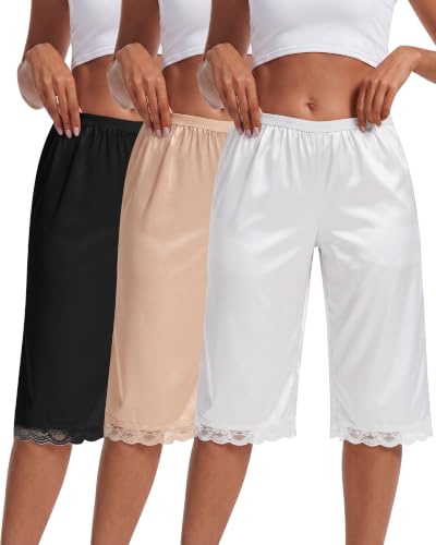 Image of Chicingyou 3 Pack Slip Shorts for Women Under Dress Pettipants Lace Trim Slips Culotte Anti Chafing Summer Split Skirt