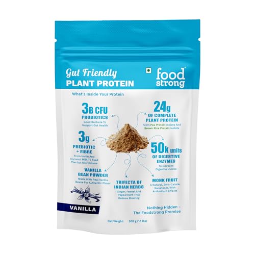 Image of Foodstrong Gut Friendly Plant Protein - Vanilla | 24g Complete Plant Protein with Probiotics, Digestive Enzymes, Prebiotics & Indian Herbs | Vegan | No Sugar | 500g