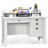 Tangkula White Computer Desk with 4 Storage Drawers & Hutch, Home Office Desk Vintage Desk with...