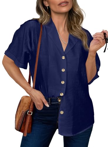 Dokotoo Women's Dressy Casual V Neck Short Sleeve Button Down Shirts Relaxed Work Business Loose Blouses Tops2