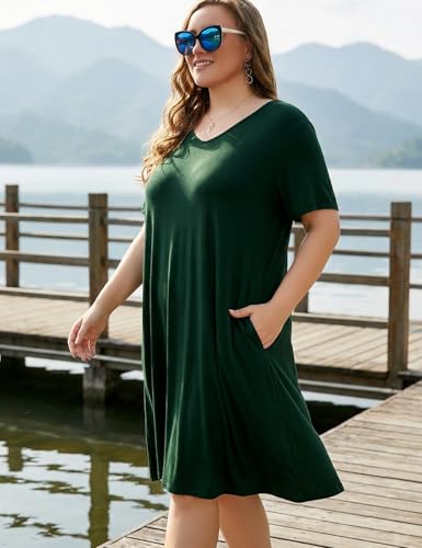 Image of OVERWORETY Womens Short Sleeve Plus Size T-Shirt Dress V Neck Casual Loose Swing A-Line Summer Tunic Dresses with Pockets