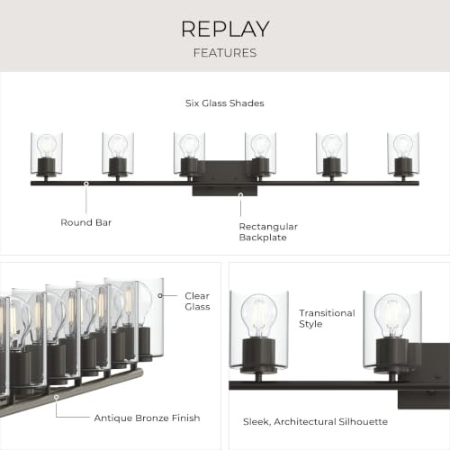 Image of Progress Lighting Replay 48 Inch 6-Light Vanity Light, Transitional, Antique Bronze with Clear Glass Shades, (7.875 inch H x 48 inch W x 6 inch D), P300585-020