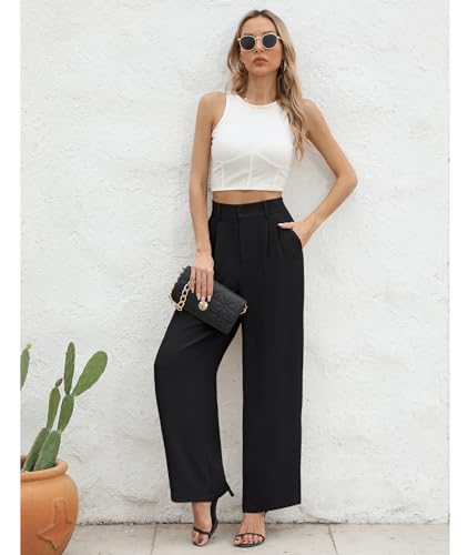 CZYINXIAN Women's Dressy Work Office Pants High Waisted-Wide Leg Casual Pants with Pockets(Black,XX-Large) — view 2