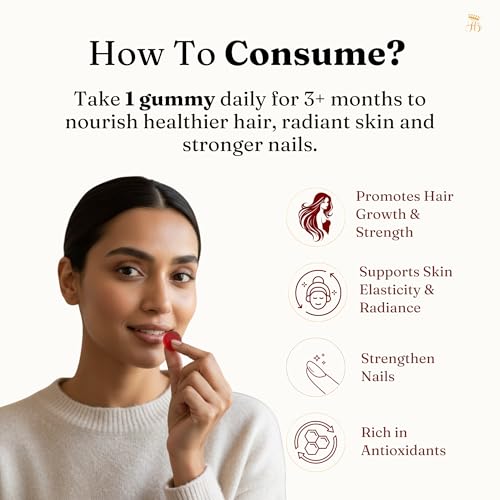 Image of Her Highness GLOW Hair Skin & Nails Gummies for Women | 30 Gummies | Biotin, Vitamin B Complex, Vitamins A, C, D, E, Folic Acid, Nicotinamide | Healthy Hair, Radiant Skin & Strong Nails Support | No Added Sugar | No Added Preservatives | 100% Veg | Cranberry Flavour