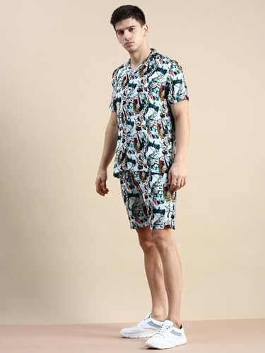 Image of SHOWOFFFF Men Printed Two-Piece Co Ords | Cuban Collar Half Sleeves Cotton Co-Ords for Mens | Mid-Rise Relaxed Fit Regular Length Co-Ord for Men's