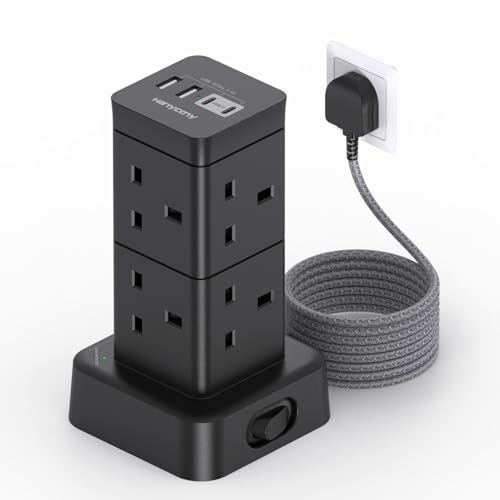 3M Tower Extension Lead with USB C Slots 8 Way Outlets Power Strip [13A 3250W] Surge Protected Extension Lead Black Extension Cable Multi Plug Extension Socket for Home Office Bedroom Accessories