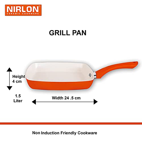 Image of NIRLON New Reinforced 4 Layer Ceramic Coating Non Stick Induction Dosa Tawa, 2 Deep Kadhai With Glass Lid, Grill Pan & Deep Casserole with Glass Lid Orange (Aluminium, Stainless Steel, Bakelite, Glass)Orange Colour.