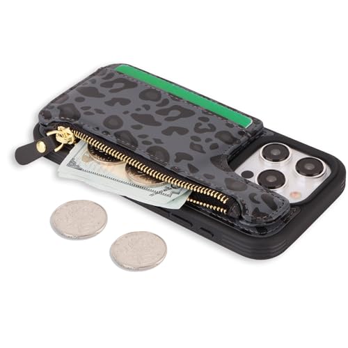 Image of Cavor for iPhone 13 Pro Case with Card Holder,for iPhone 13 Pro Wallet Case for Women Men,Leather Magnetic Clasp Zipper Pocket Protective Phone Cover-Leopard Black