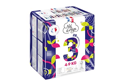 28 pañales talla 3 | Pañal para bebé | Antifugas | Sin cloro, sin loción | Sin látex| Sin perfume | Fabricado en Francia | Normas: EU Ecolabel, Oeko Tex y TCF| (bolsa talla 3 (28 capas))