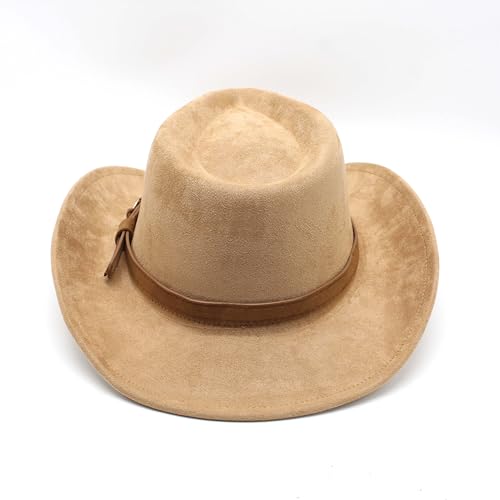 Image of Unisex Western Suede Cowboy Cowgirl Hat Classic Wide Brim Fedora Hat for Men &Women