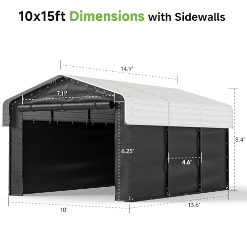 Image of Real Relax 10x15FT Heavy Duty Carport with Removable Sidewalls, Metal Car Port Multi-Use Outdoor Storage Trucks, Cars, Boats, Galvanized Metal Roof, Cream White