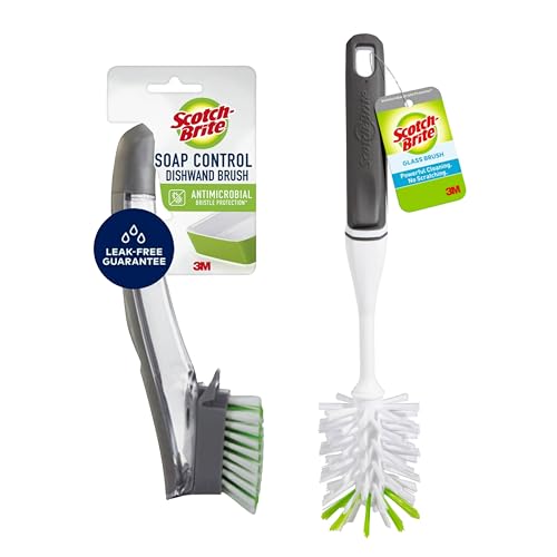 Image of Scotch-Brite Kitchen Brush Kit - Glass and Water Bottle Brush & Advanced Soap Control Dishwand Brush - Scrub Brushes for Cleaning Kitchen and Washing Dishes