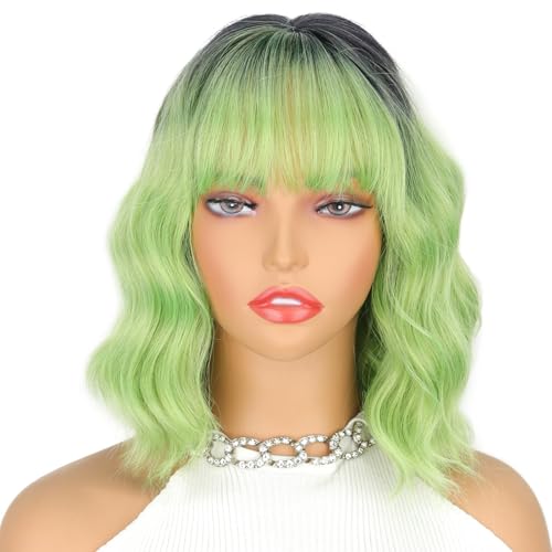 LINGHANG Ombre Green Wig with Bangs, Short Wavy Matcha Green Wigs for Women